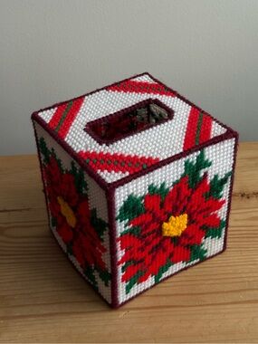 Pointsetta Christmas Canvas Needlepoint Square Tissue Box Decor Cover